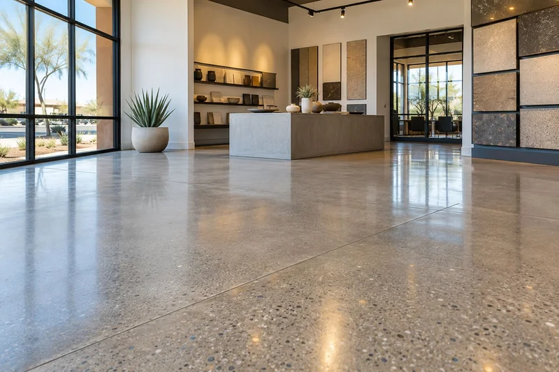 Showroom with a polished concrete floor, a concrete display island, and material samples
