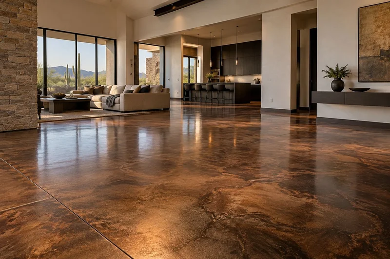 Living area with a copper and bronze marbled epoxy floor and open kitchen