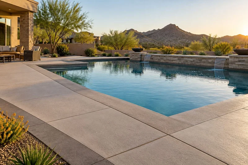 Freeform pool with a waterfall spillover and a broad sunset deck