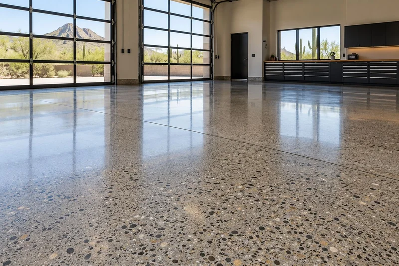 Polished exposed-aggregate concrete floor in a workshop with black cabinets