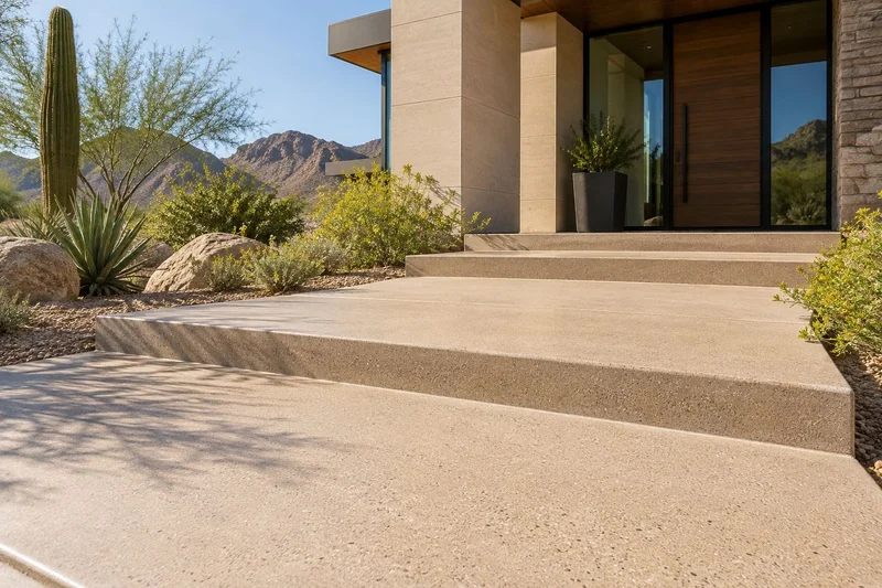 Sand-washed concrete entry steps leading to a modern front door