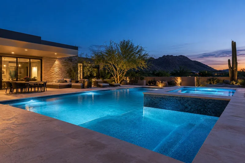 Modern pool and spa lit in blue hour beside a desert mountain view