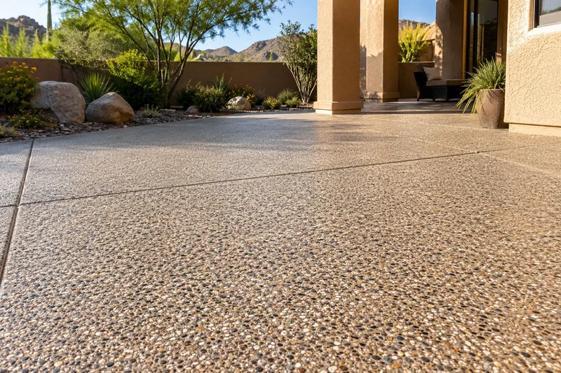 Pebble aggregate patio surface beside a covered patio with columns