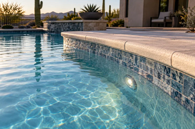 Close-up of a remodeled pool edge with tile inset and underwater light