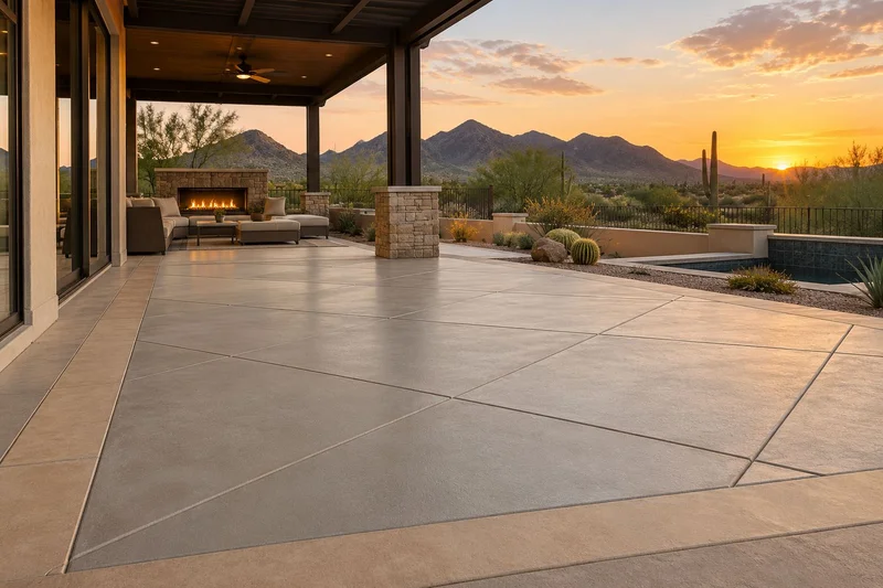 Patio with diagonal diamond-scored concrete under a pergola beside a fireplace