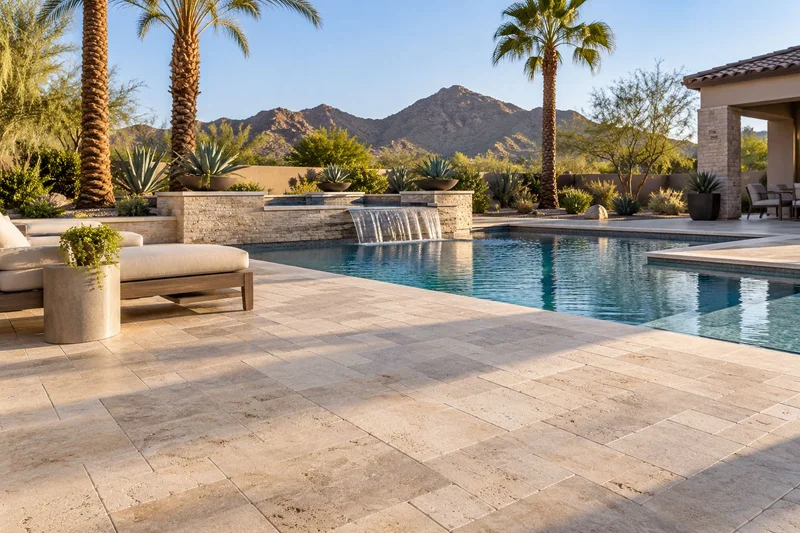 Travertine-style pool deck with a curved coping and covered patio
