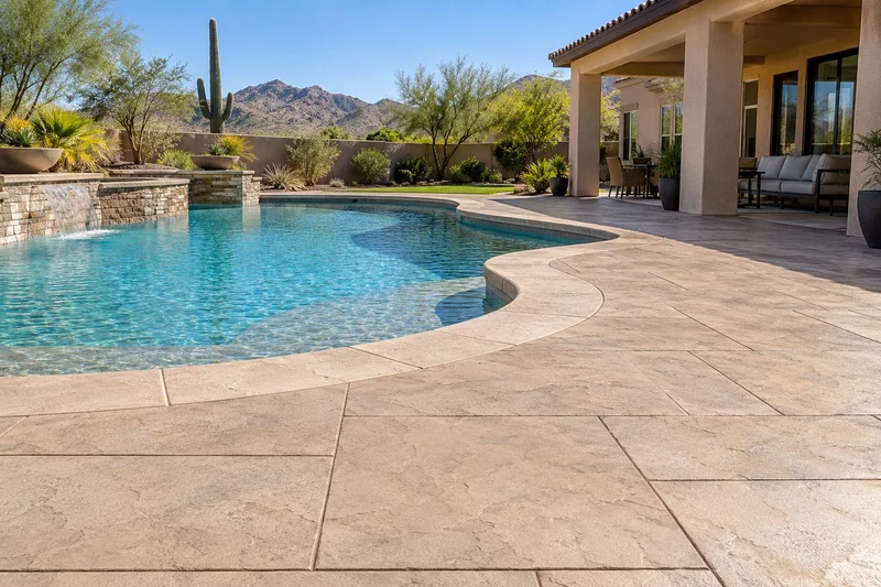 Ashlar slate pool deck with a stacked stone spa and a freeform pool