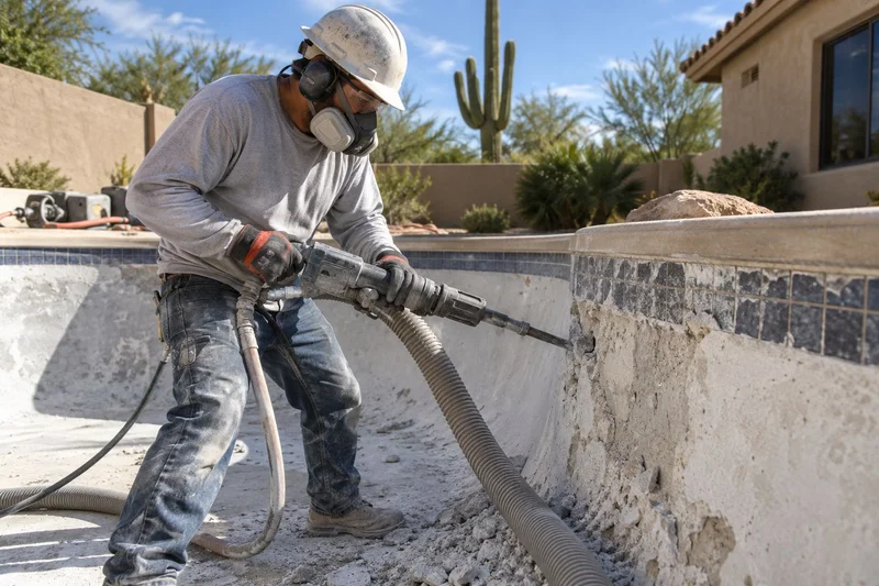 Worker using a jackhammer to break out old plaster from a pool wall