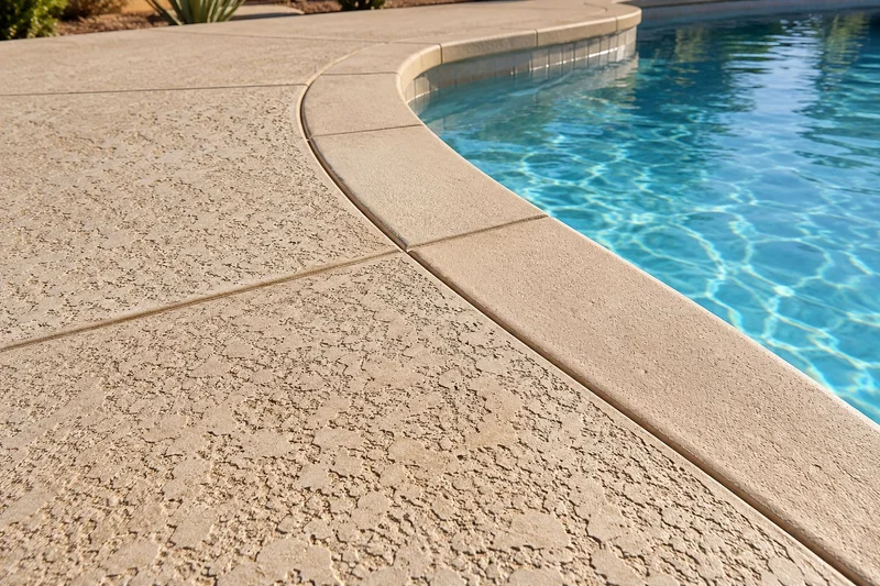 Tan lace-textured pool deck with palms beside a pool and spa