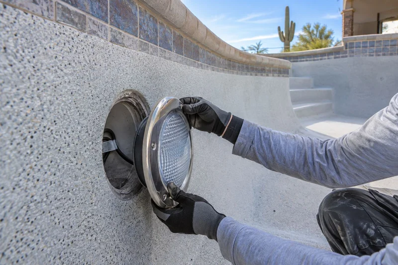 Technician installing an underwater LED light into a pool wall