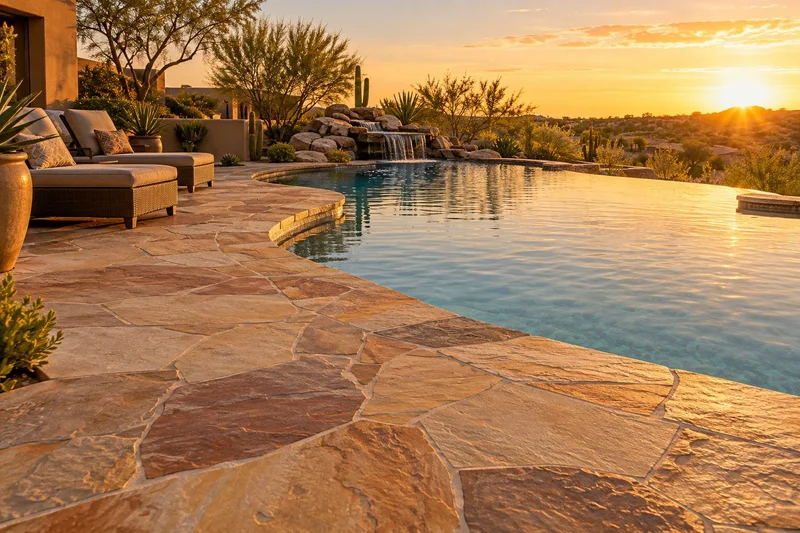 Irregular flagstone deck around a pool at golden hour with lounge chairs