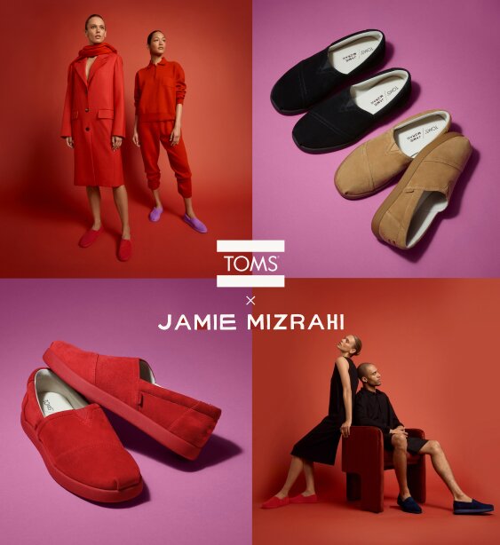 TOMS x Jamie Mizrahi. Jamie and other models wearing the TOMS x Jamie Mizrahi collection Alpargatas shown.