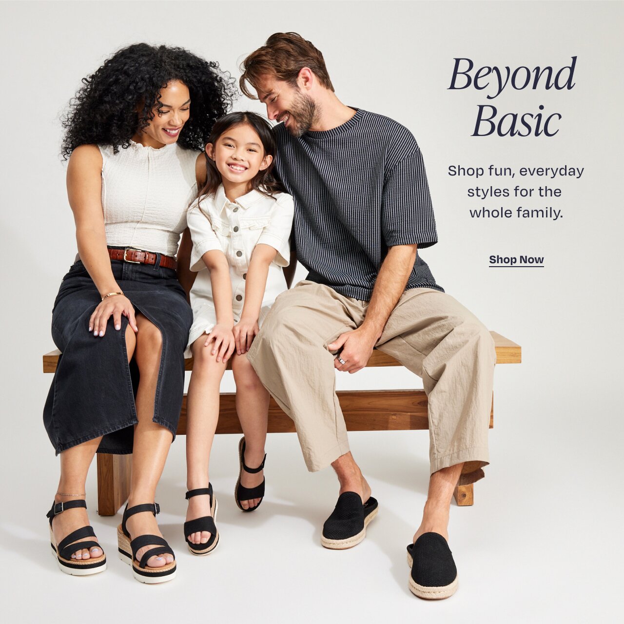 Beyond Basic. Shop fun, everyday styles for the whole family. Shop Now. Models wearing various TOMS shoes shown.