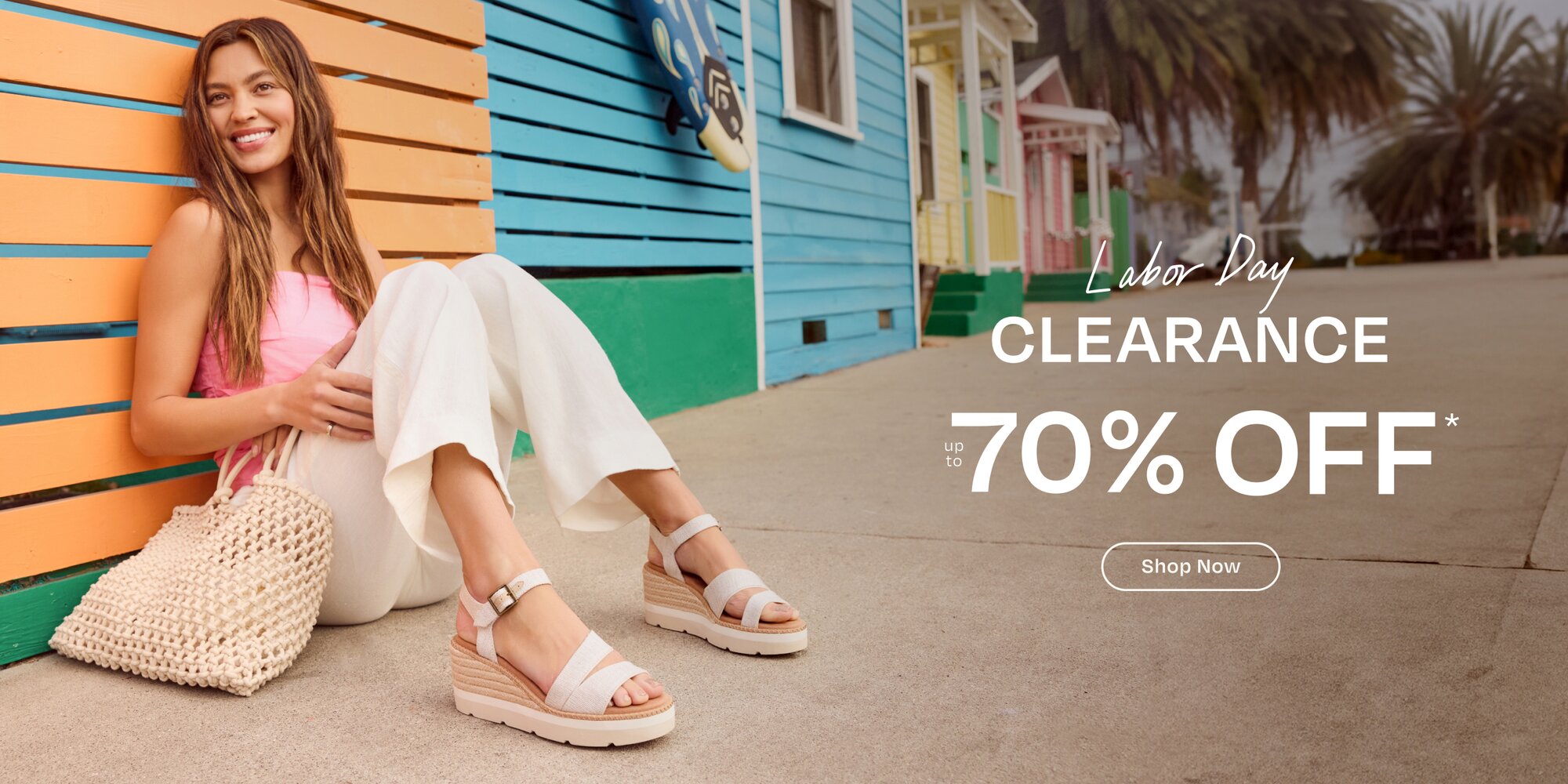 Labor Day Clearance. Up to 70% Off*. Shop Now. Model wearing Darya Wedge Platform Sandal in natural yarn dye shown.