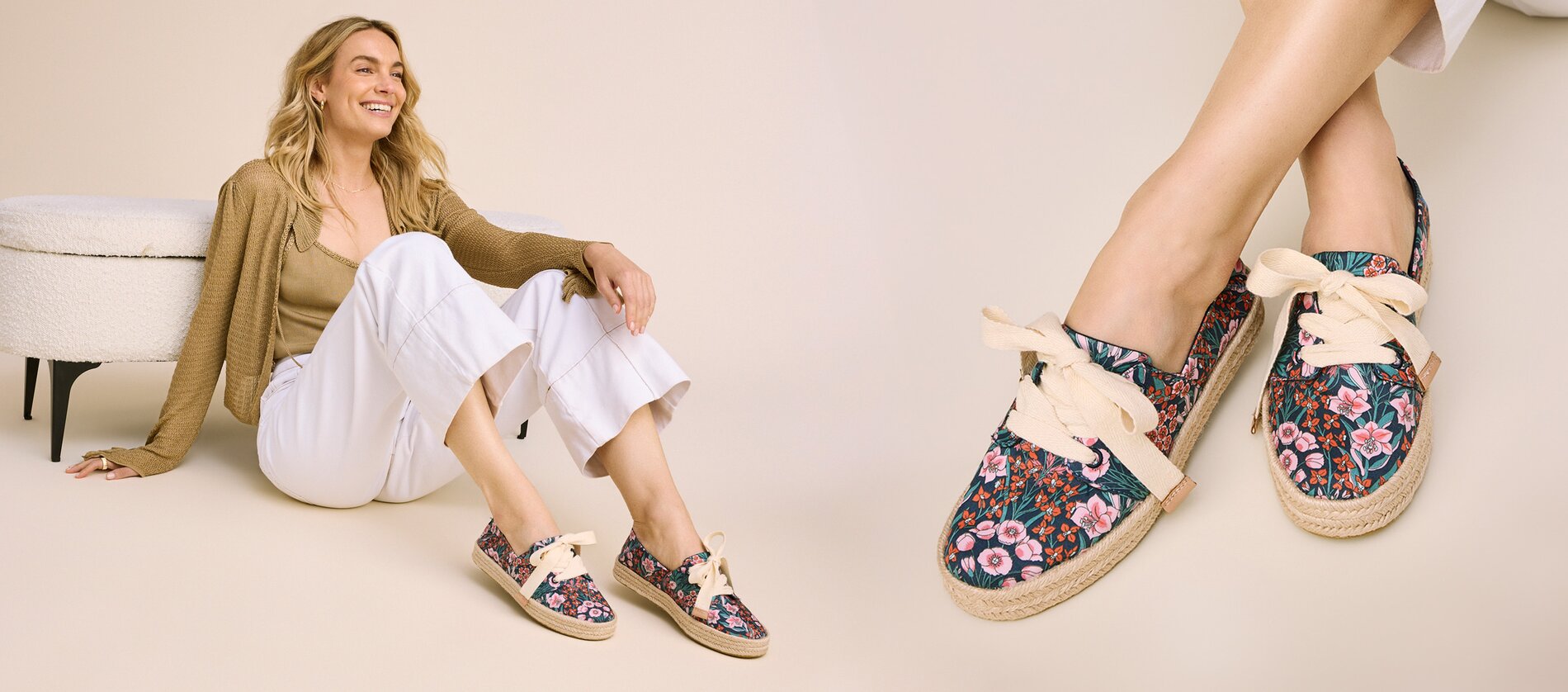Model wearing Carolina Lace-Up Espadrille in Dark Teal Mountain Primrose.