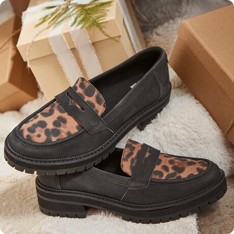 Closeup of Cara Loafer in Brown Sugar Leopard Suede.