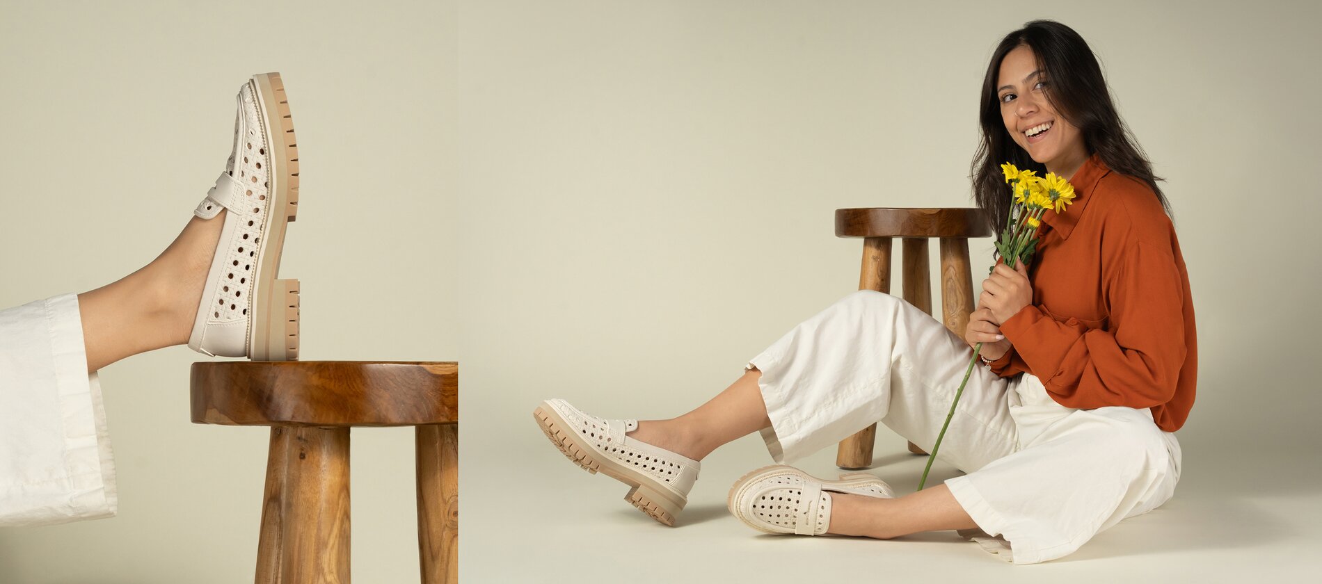 Model wearing Cara Loafer in Light Sand Leather Embossed Perforated.