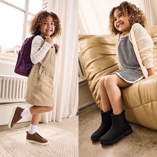 Models wearing various Kids' shoe styles.