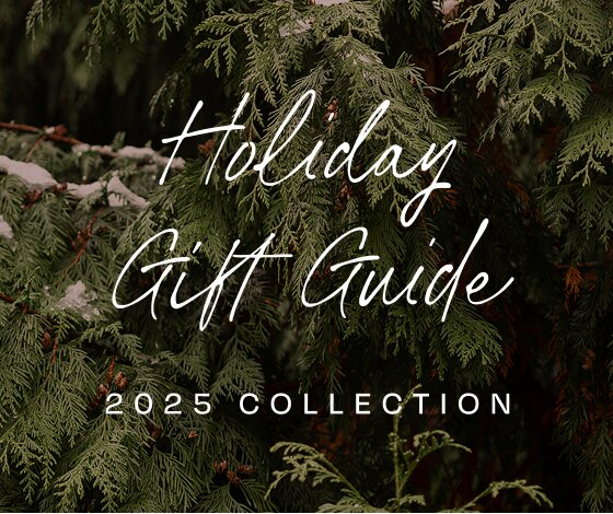 Holiday Gift Guide. 2025 Collection. Background image of fir tree.