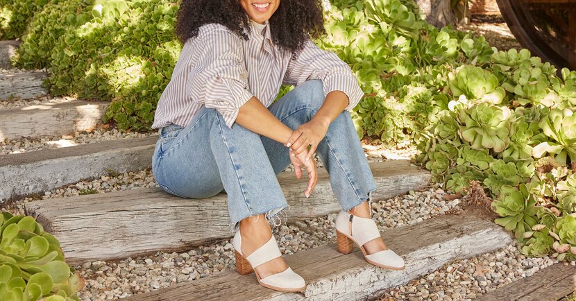 Model wearing the Milan Closed Toe Heel in Natural shown.