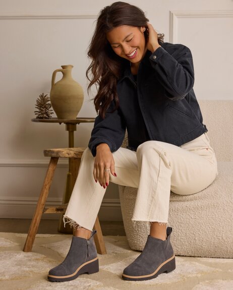 Model wearing Maude Wedge Boot Forged Iron Suede.