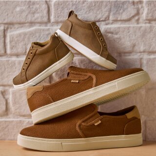 Men's Baja 2.0 Slip On Sneaker in Walnut Brown Canvas and kid's Cruz Mid Toddler Slip On Shoe in Toffee Microsuede shown.