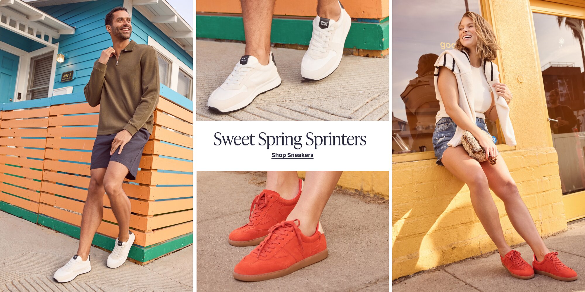 Models wearing women's Collins Casual Lace-Up Sneaker in flame suede and leather and men's TRVL LITE Retro Runner Sneaker in white shown. Sweet Spring Sprinters. Shop Sneakers.