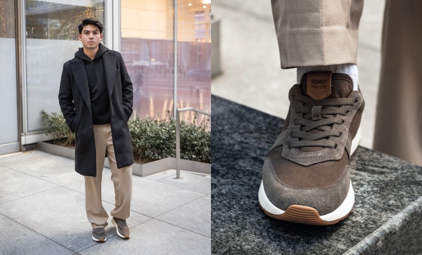 Model wearing the TRVL LITE Retro Runner Sneaker in Canteen Green shown.
