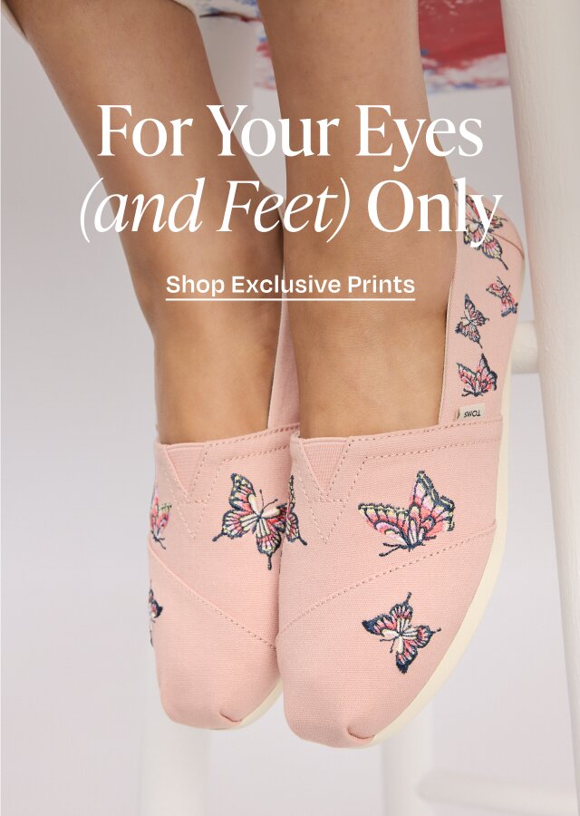 For Your Eyes (and Feet Only). Shop Exclusive Prints. Model wearing Alpargata Classic in pale rose canvas with embroidered butterflies shown.