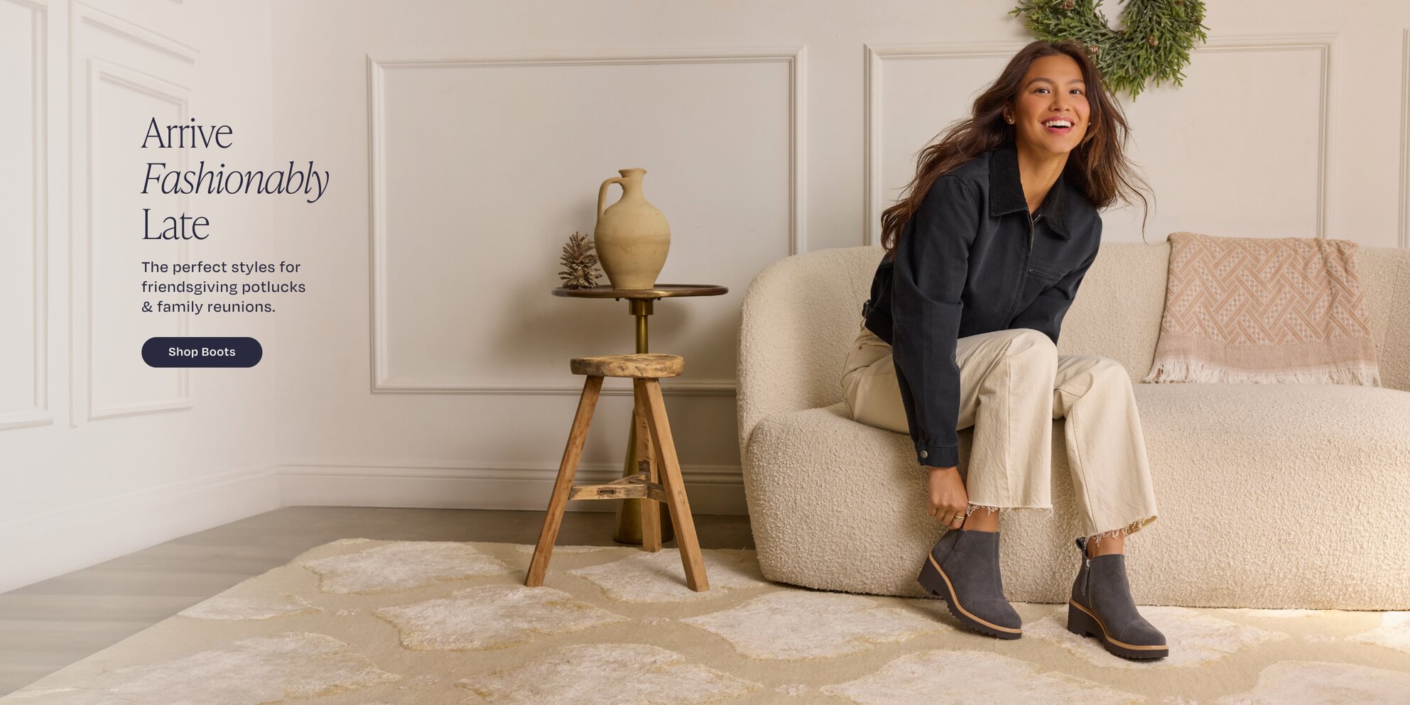 Arrive Fashionably Late. The perfect styles for potlucks and reunions. Shop Boots. Maude Wedge Boot in forged iron suede.