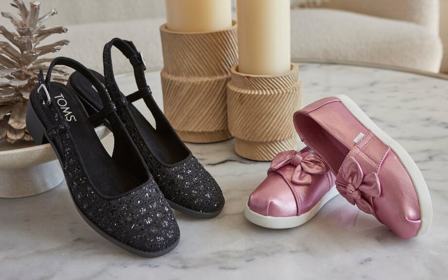 Jaclyn Heel Black Geometric Sequins and Kids Alpargata Rose Pink Metallic Twill with Bow shown.