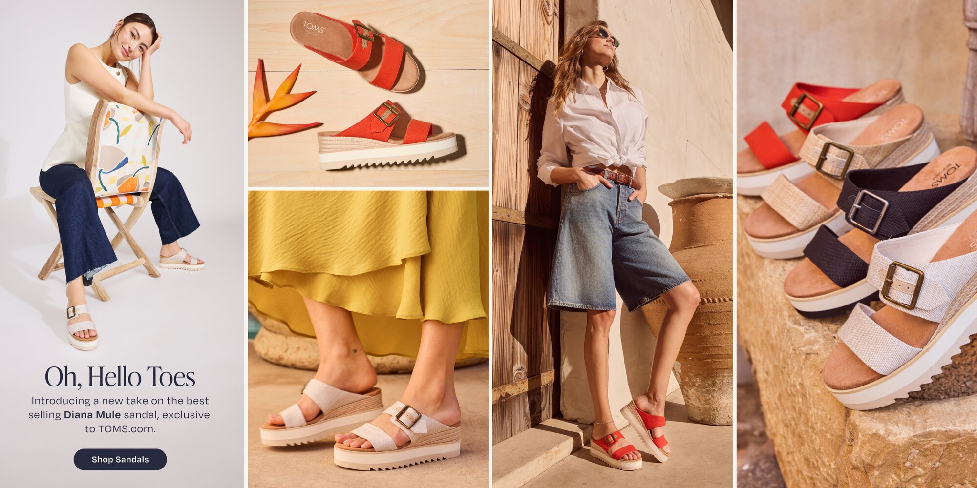 Models wearing women's Diana Mule Buckle Wedge Sandals in various colors shown. Oh, Hello Toes. Introducing a new take on the best selling Diana Mule sandal, exclusive to TOMS.com. Shop Sandals.