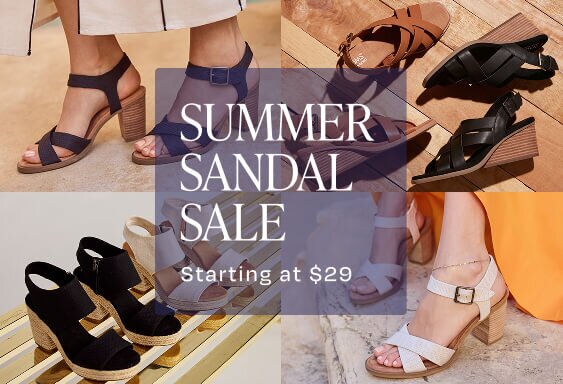 Summer Sandal Sale. Starting at $29. Various TOMS sandals shown.