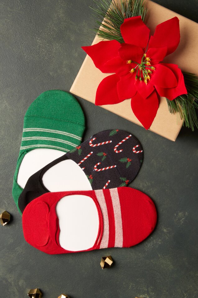 TOMS Classic No Show Socks 3 Pack in candy cane holiday print shown.