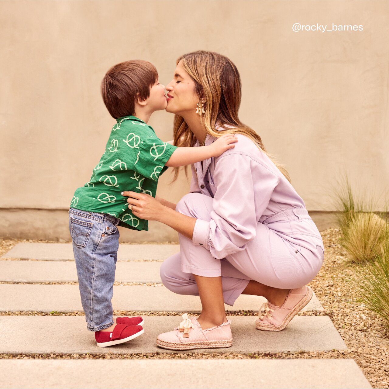 @rocky_barnes. Rocky and her kid wearing various TOMS shoes in various colors shown.