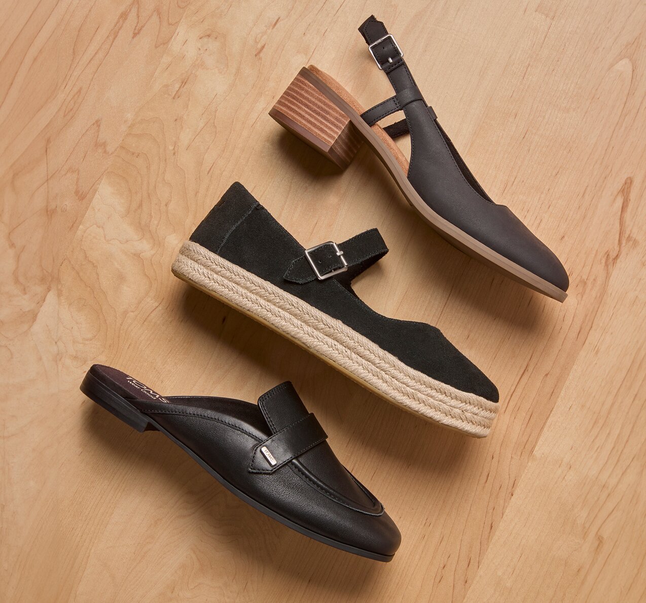 Various TOMS footwear styles shown.