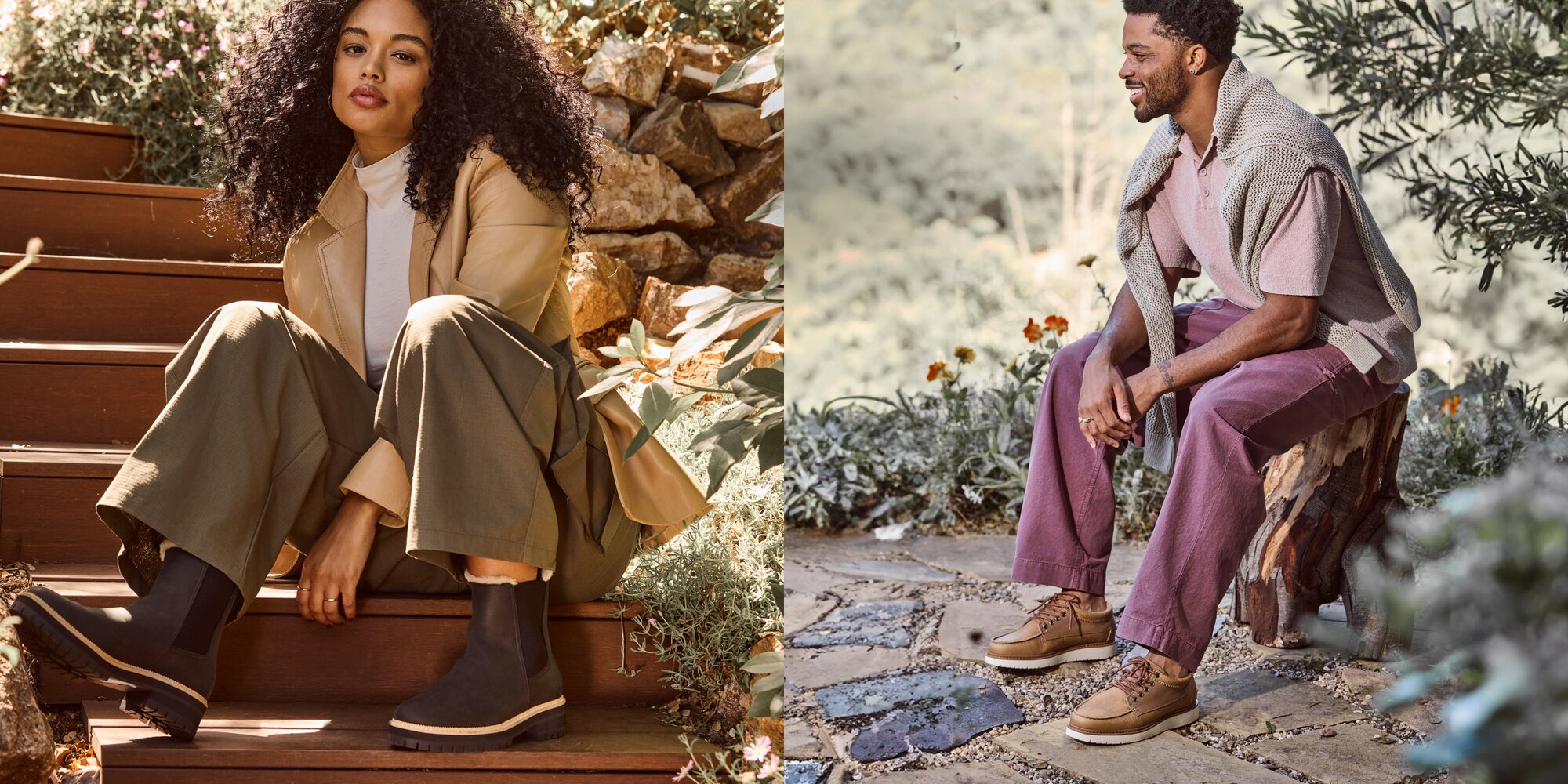 Women's Bennet Boot in black leather and men's TRVL LITE Forrest Boot in tan leather shown.