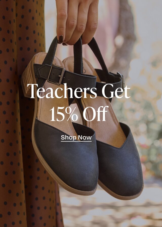 Teachers Get 15% Off. Shop Now. Model holding Jaclyn Heel in black leather shown.