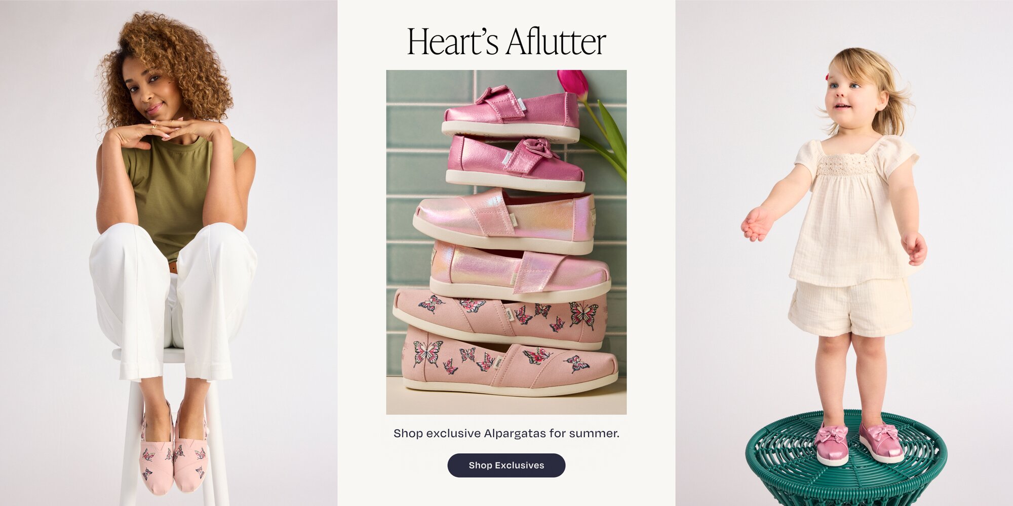 Heart's Aflutter. Shop exclusive Alpargatas for summer. Shop Exclusives. Models wearing pink Alpargatas shown.