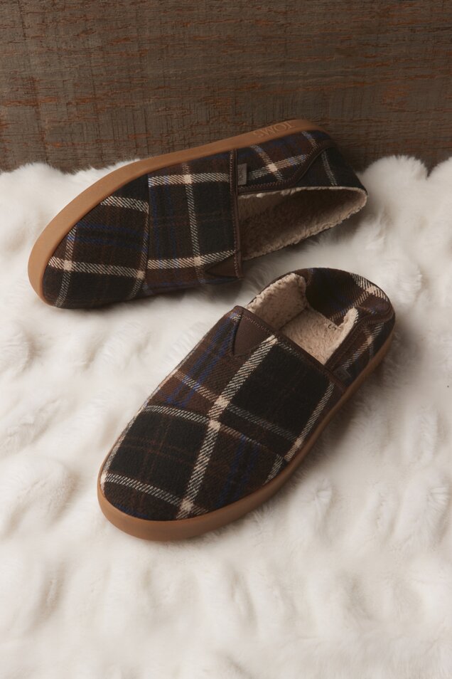 Men's Camden Convertible Slipper in brown plaid shown.