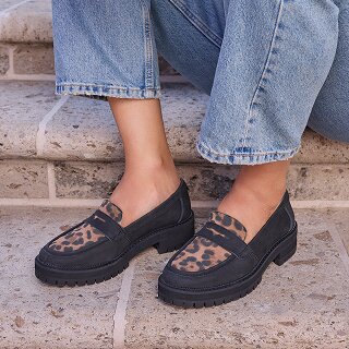 Women's Cara Loafer in Brown Sugar Leopard Suede shown.