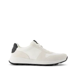 TRVL LITE Retro Runner Sneaker in Water Repellent White Suede shown.