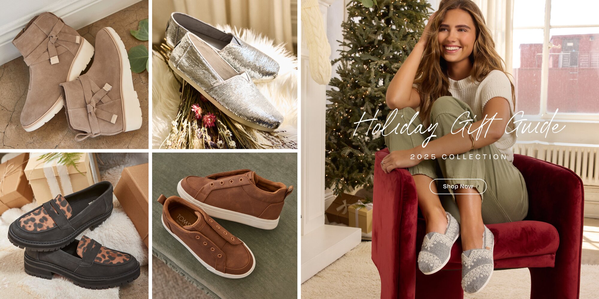 Holiday Gift Guide. 2025 Collection. Shop Now. TOMS footwear in various colors shown.