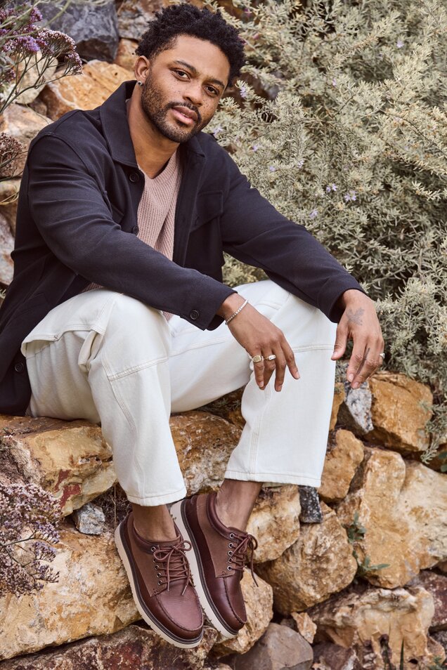 Men's TRVL LITE Forrest Boot in dark brown leather and waxed canvas shown.