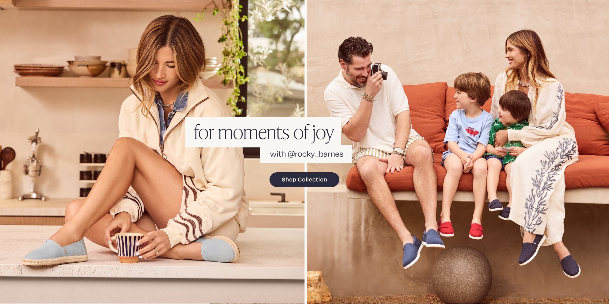 for moments of joy with @rocky_barnes. Shop Collection. Rocky and her family wearing various TOMS shoes in various colors shown.