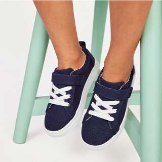 Cruz Lace-Up Kids Sneaker in Navy Heritage Canvas shown.
