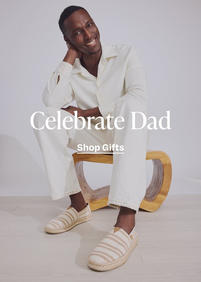 Celebrate Dad. Shop Gifts. Model wearing Alpargata Rope 2.0 Espadrille in toffee beach stripe shown.