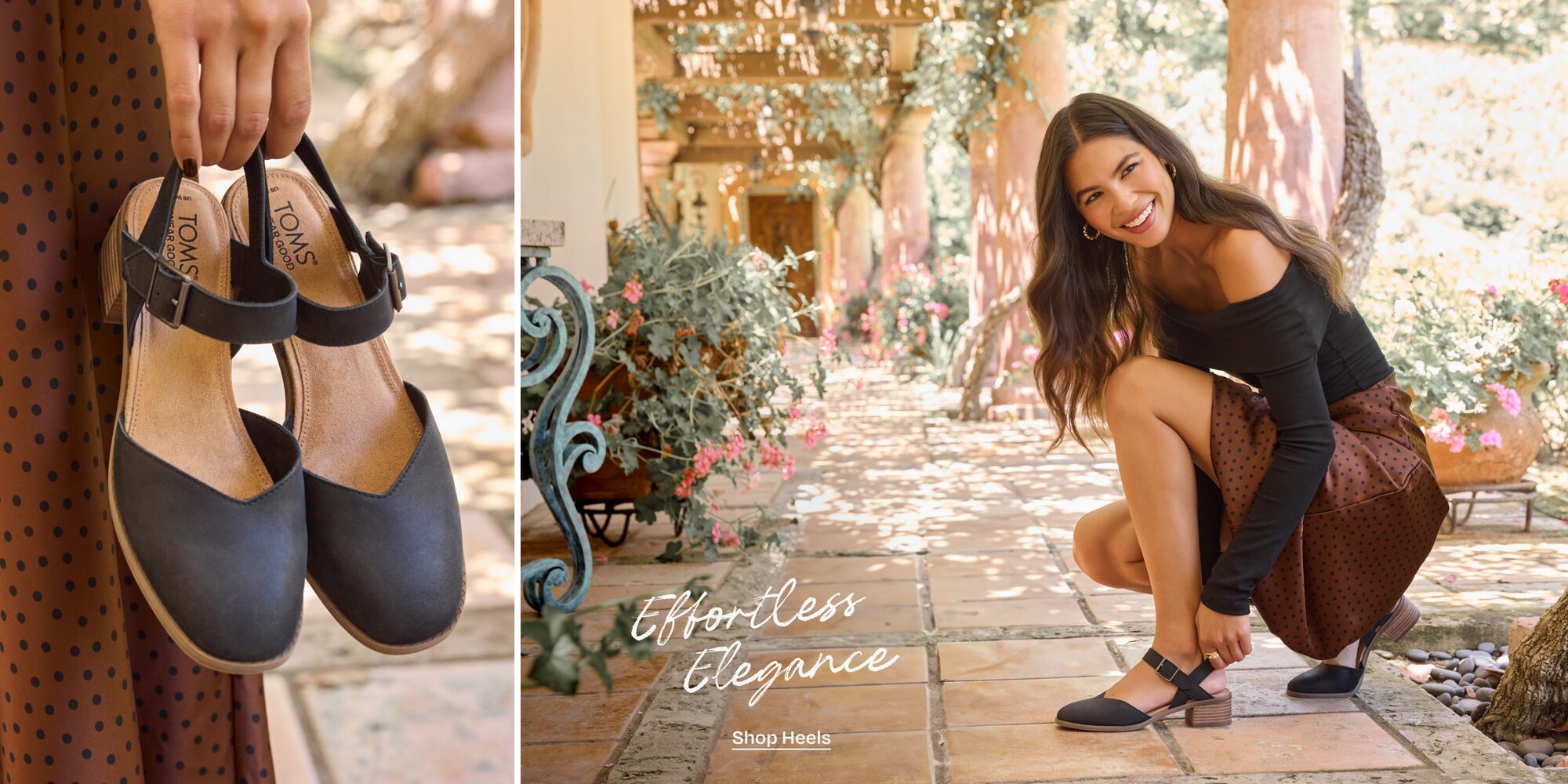 Effortless Elegance. Shop Heels. Model wearing women's Jaclyn Heel in black leather shown.
