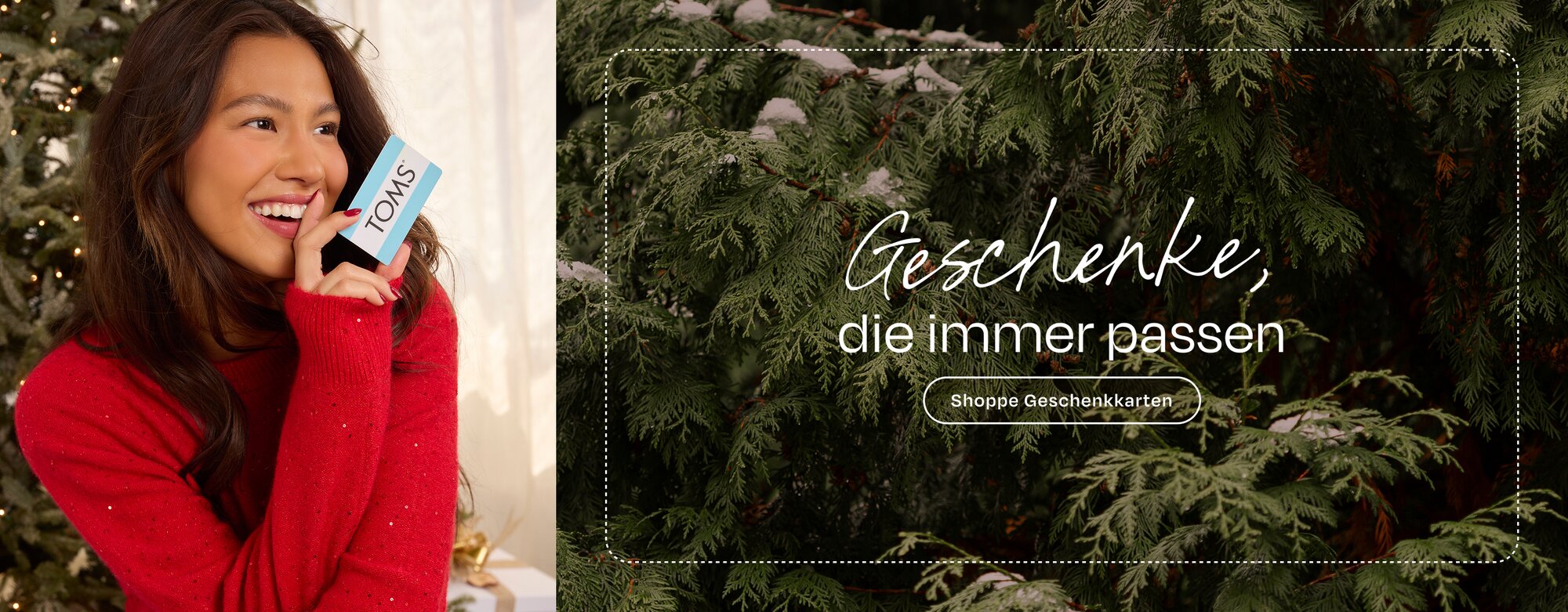 Geschenke, die immer passen Shoppe Geschenkkarten Model, das eine TOMS-Geschenkkarte hält.