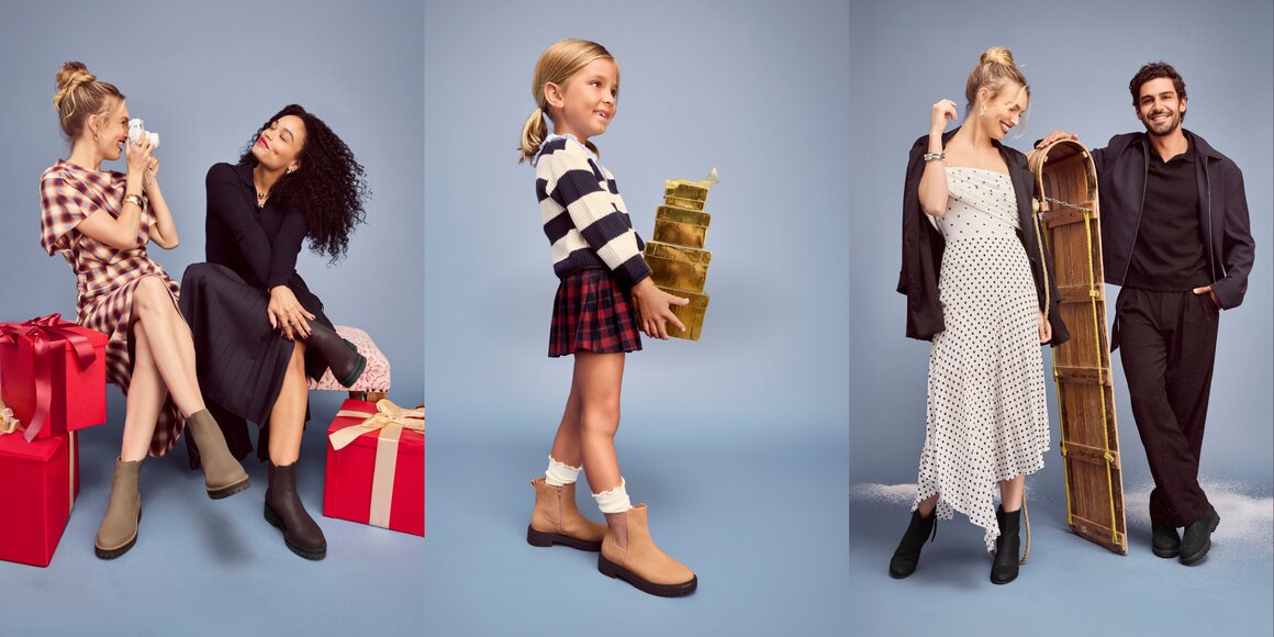 Models wearing TOMS footwear shown in a festive setting.